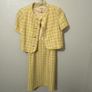 Jacques Tiffeau Vintage Wool Skirt Suit Jackie Kennedy Sz M White Yellow Check
